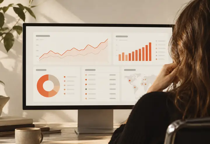 Example report dashboard website with charts and panels.