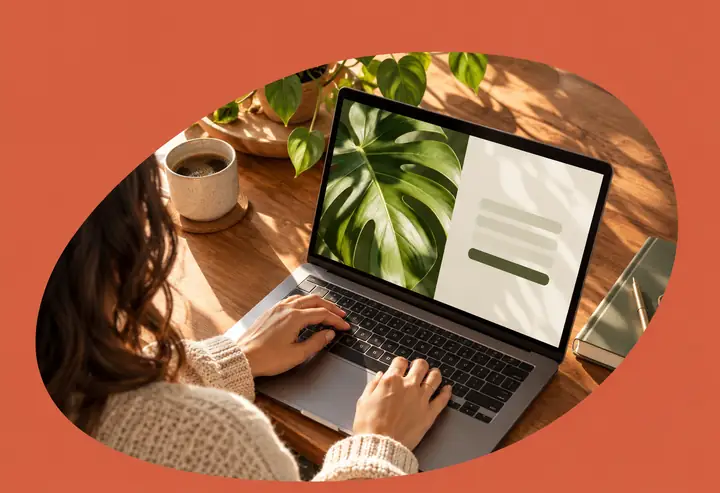 Example sign-up website beside a large green leaf photograph.